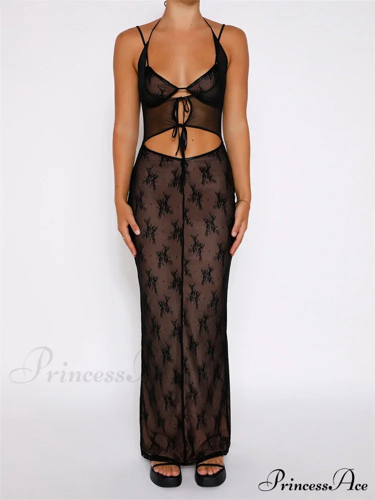 Sexy Women Lace Sleeveless Strap Sling Party Club Mesh See Through Hollow Out Slim Fit Vestidos