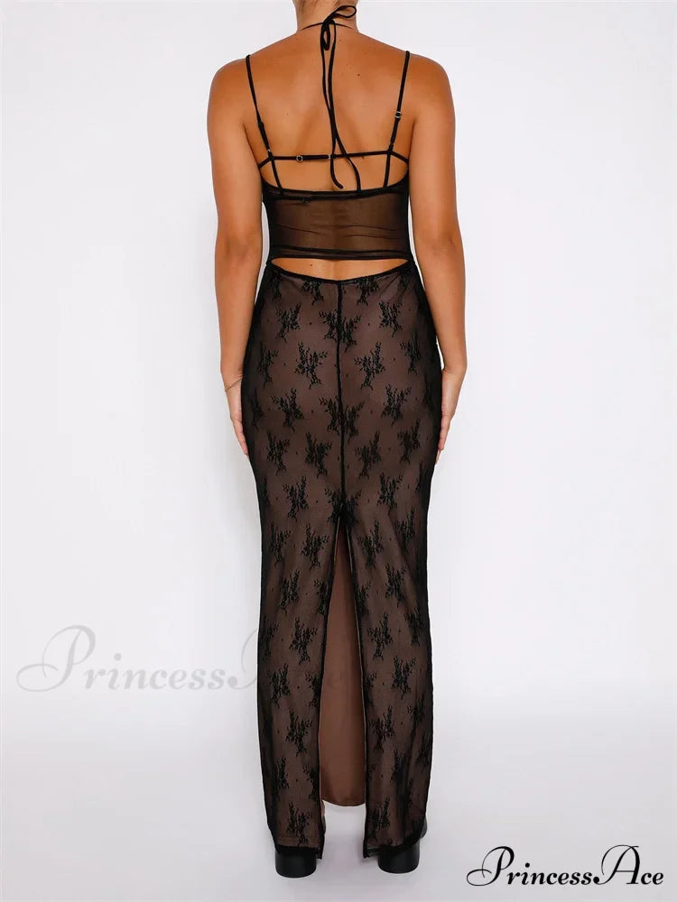 Sexy Women Lace Sleeveless Strap Sling Party Club Mesh See Through Hollow Out Slim Fit Vestidos