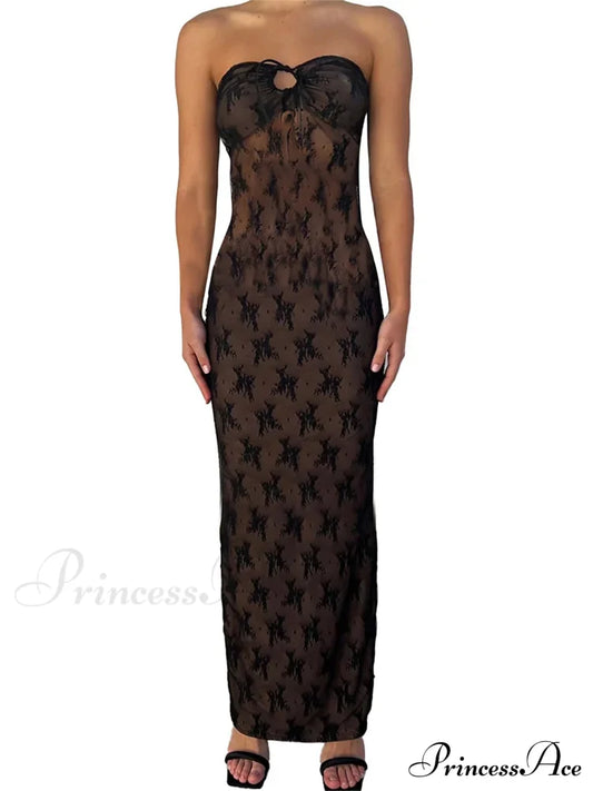 Sexy Women Lace Strapless Off Shoulder Tube Party Club Mesh See Through Tie-Up Slim Fit Vestido