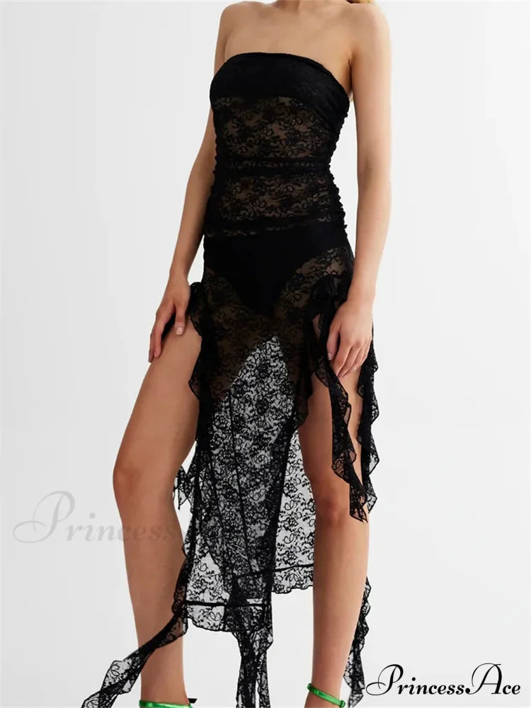 Sexy Women Lace Tube Strapless Off Shoulder Backless See Through Irregular Hem Split Tassels