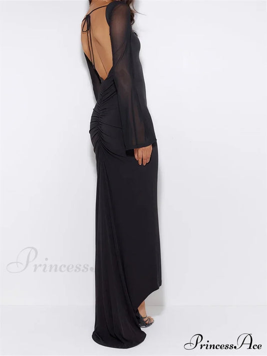 Sexy Women Mesh Sleeve Backless Ruched Lace-Up Solid Color Party Female Irregular Hem Vestidos