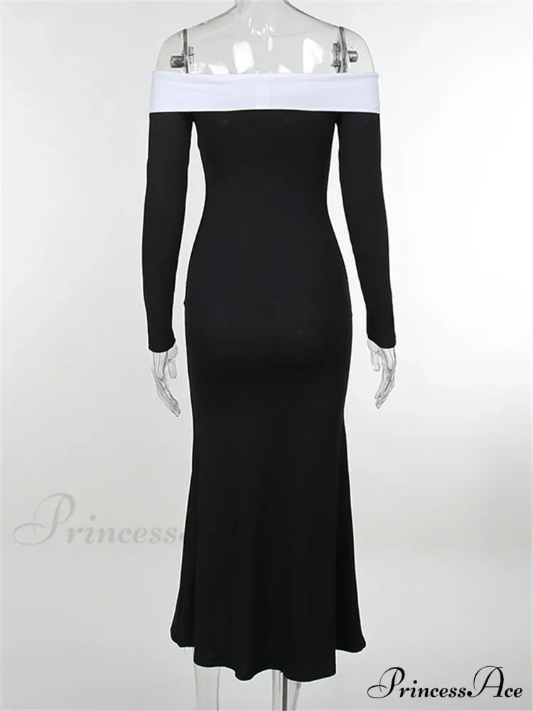 Sexy Women Slash Neck Off Shoulder Sleeve Contrast Color Slim Fit Party Formal Female Vestidos