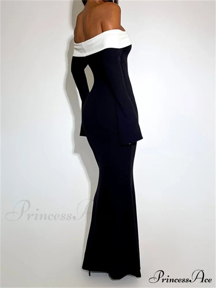 Sexy Women Slash Neck Off Shoulder Sleeve Contrast Color Slim Fit Party Formal Female Vestidos