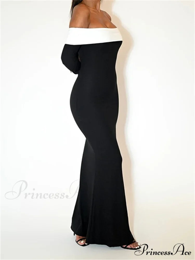 Sexy Women Slash Neck Off Shoulder Sleeve Contrast Color Slim Fit Party Formal Female Vestidos