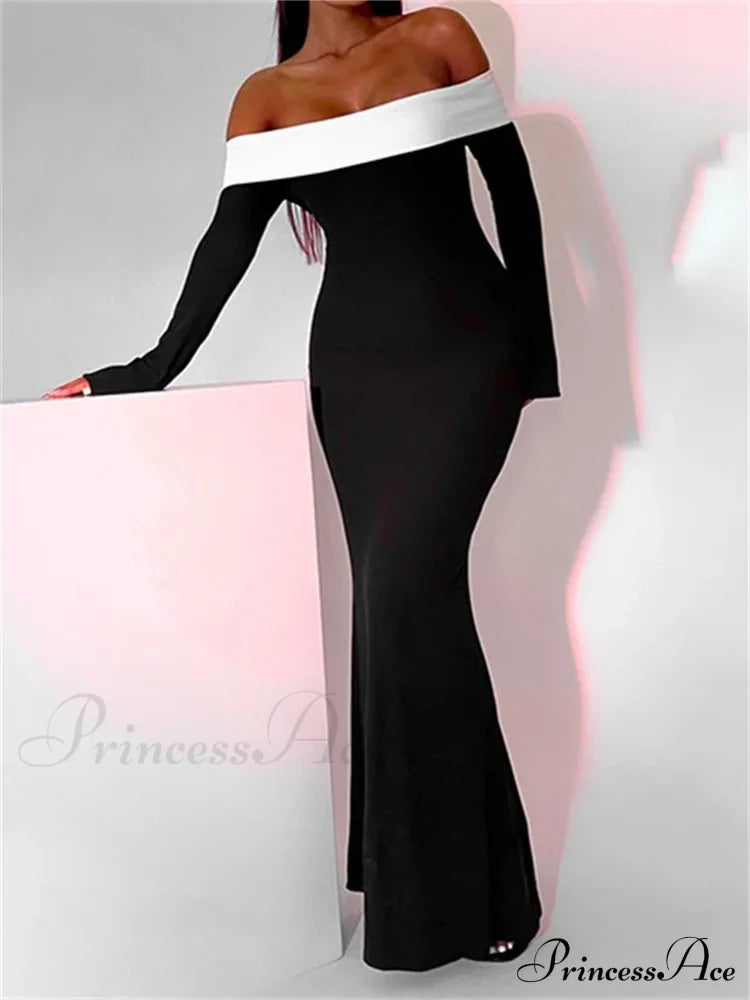 Sexy Women Slash Neck Off Shoulder Sleeve Contrast Color Slim Fit Party Formal Female Vestidos