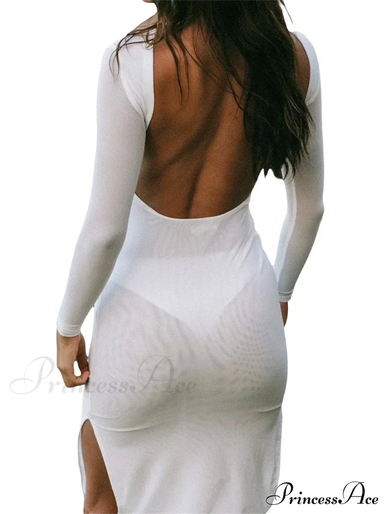 Sexy Women Sleeve Crew Neck Backless Solid Color Slim Fit Side Split Beach Party Female Vestido