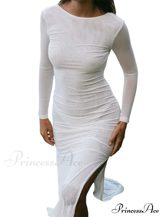 Sexy Women Sleeve Crew Neck Backless Solid Color Slim Fit Side Split Beach Party Female Vestido