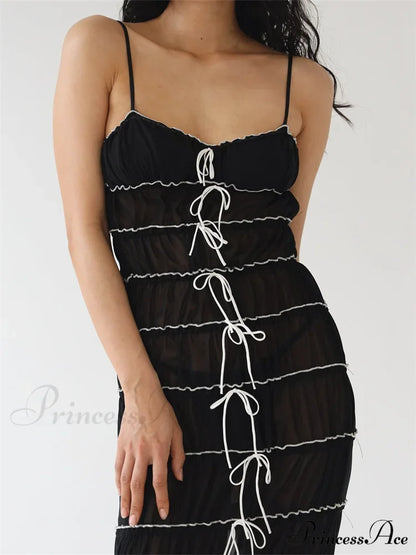 Sexy Women Sleeveless Casual Sling Spaghetti Strap See Through Tie-Up Y2K Party Vestidos