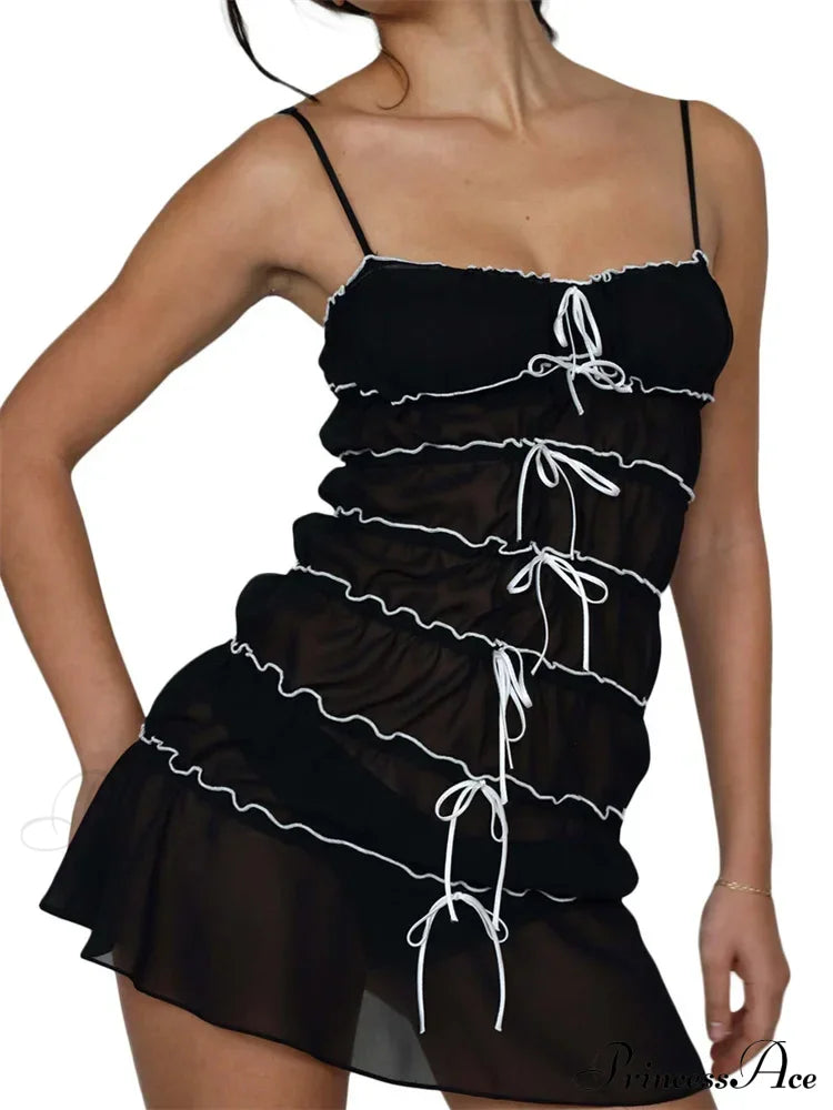 Sexy Women Sleeveless Casual Sling Spaghetti Strap See Through Tie-Up Y2K Party Vestidos