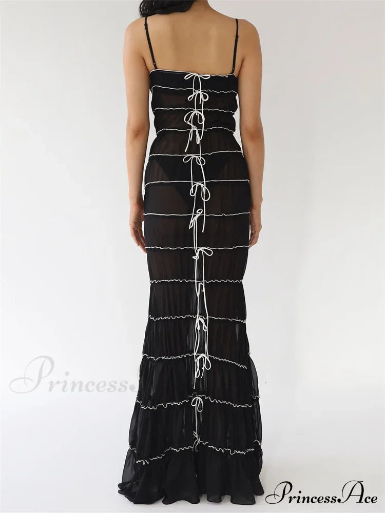 Sexy Women Sleeveless Casual Sling Spaghetti Strap See Through Tie-Up Y2K Party Vestidos