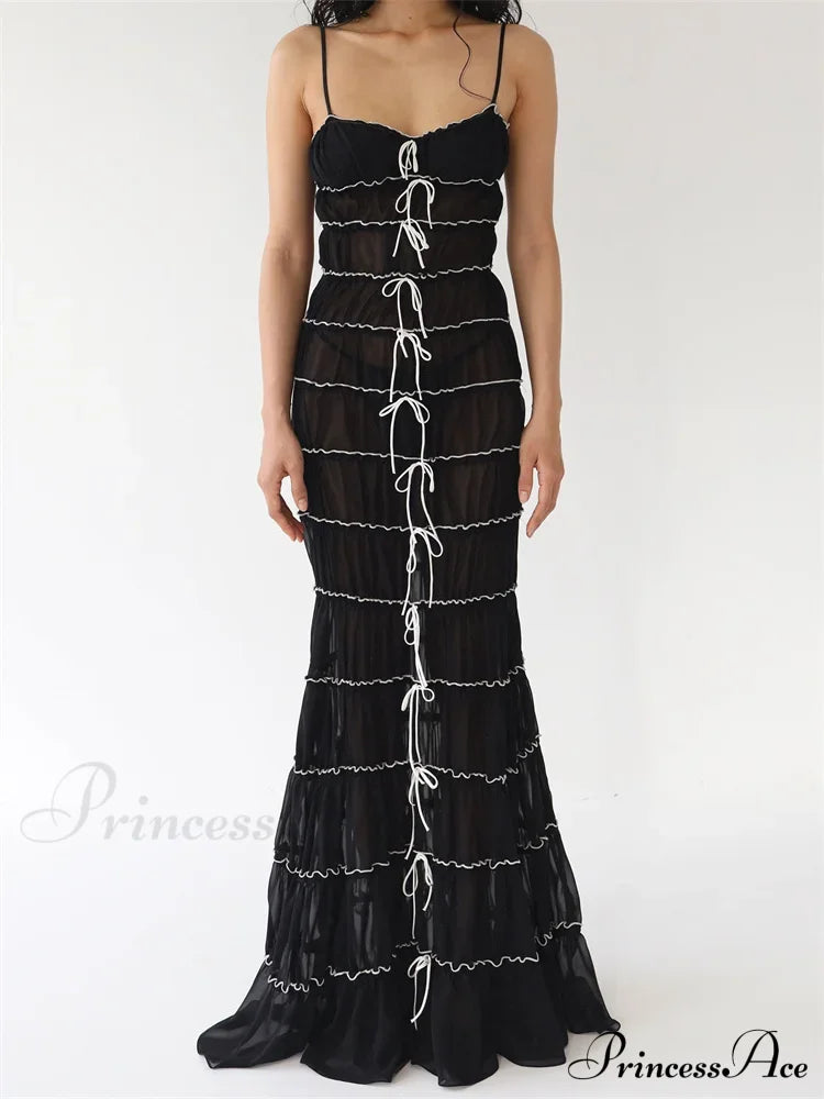 Sexy Women Sleeveless Casual Sling Spaghetti Strap See Through Tie-Up Y2K Party Vestidos Black / S