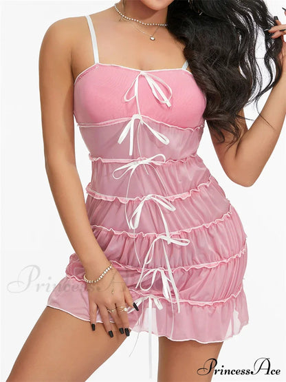 Sexy Women Sleeveless Casual Sling Spaghetti Strap See Through Tie-Up Y2K Party Vestidos Pink / S