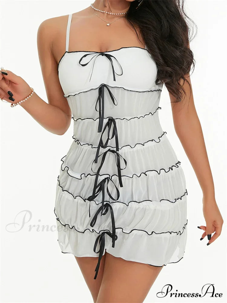 Sexy Women Sleeveless Casual Sling Spaghetti Strap See Through Tie-Up Y2K Party Vestidos White / S