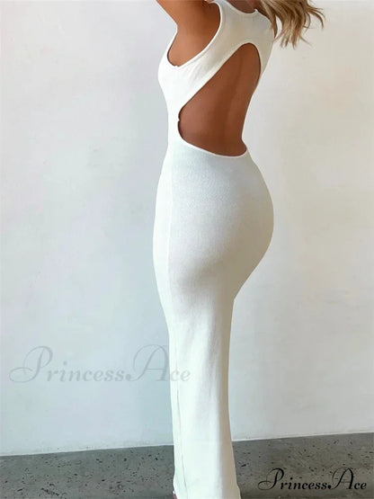 Sexy Women Sleeveless Evening White Backless Hollow Out Summer Party Club Female Vestidos Streetwear