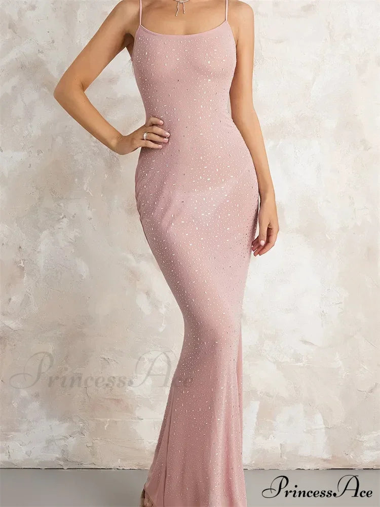 Sexy Women Sleeveless Strap Slim Sparkle Rhinestone Low Cut Trumpet Summer Party Female Vestido