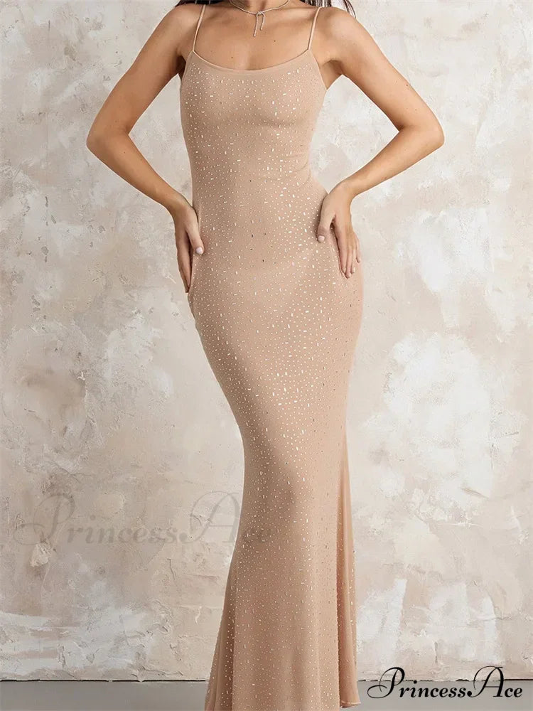 Sexy Women Sleeveless Strap Slim Sparkle Rhinestone Low Cut Trumpet Summer Party Female Vestido