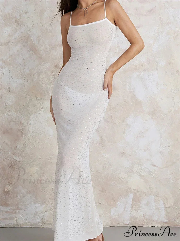 Sexy Women Sleeveless Strap Slim Sparkle Rhinestone Low Cut Trumpet Summer Party Female Vestido