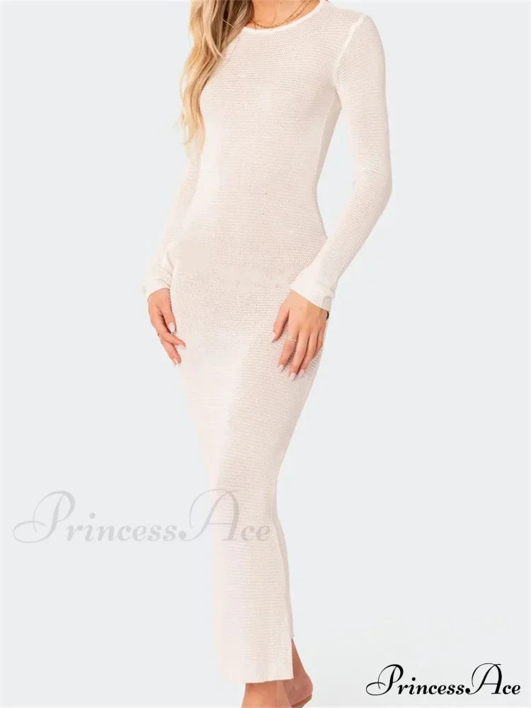 Sexy Women Summer Autumn Party Solid Round Neck Sleeve Backless Knitted Female Vestido Clubwear