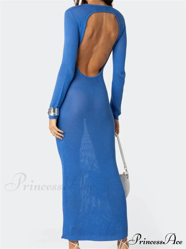 Sexy Women Summer Autumn Party Solid Round Neck Sleeve Backless Knitted Female Vestido Clubwear