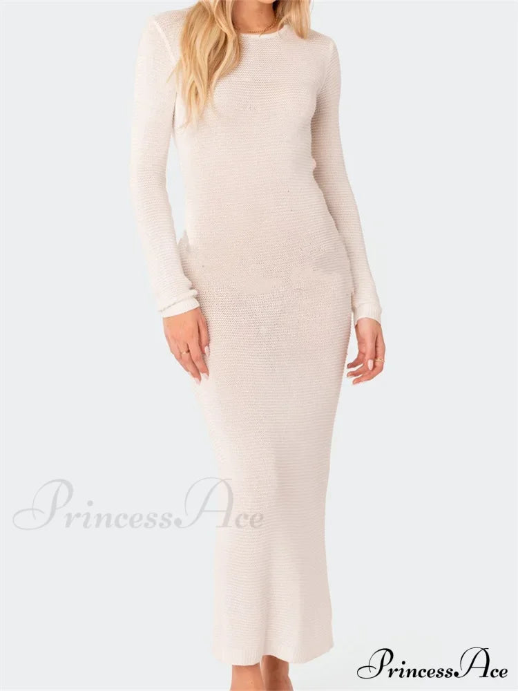 Sexy Women Summer Autumn Party Solid Round Neck Sleeve Backless Knitted Female Vestido Clubwear