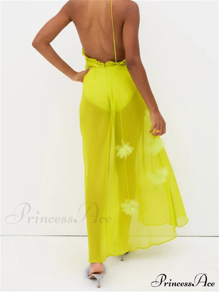 Sexy Women Summer Beach Sleeveless Halter Tie-Up Backless See-Through Flower Split Ruffles Vestidos