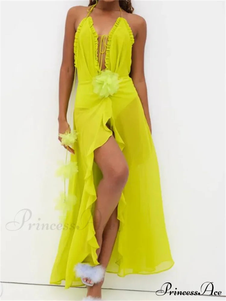 Sexy Women Summer Beach Sleeveless Halter Tie-Up Backless See-Through Flower Split Ruffles Vestidos