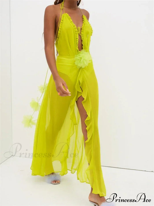 Sexy Women Summer Beach Sleeveless Halter Tie-Up Backless See-Through Flower Split Ruffles Vestidos