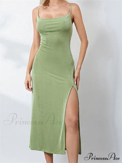 Sexy Women Summer High Split Solid Spaghetti Strap Square Neck Backless Slim Female Vestidos