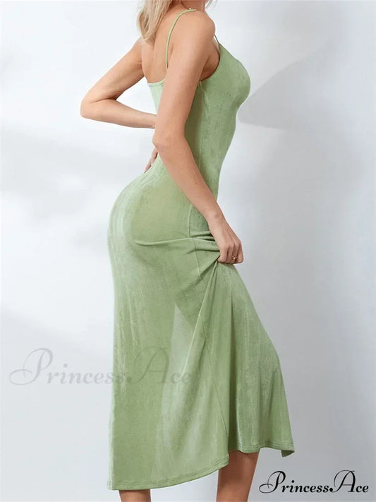 Sexy Women Summer High Split Solid Spaghetti Strap Square Neck Backless Slim Female Vestidos