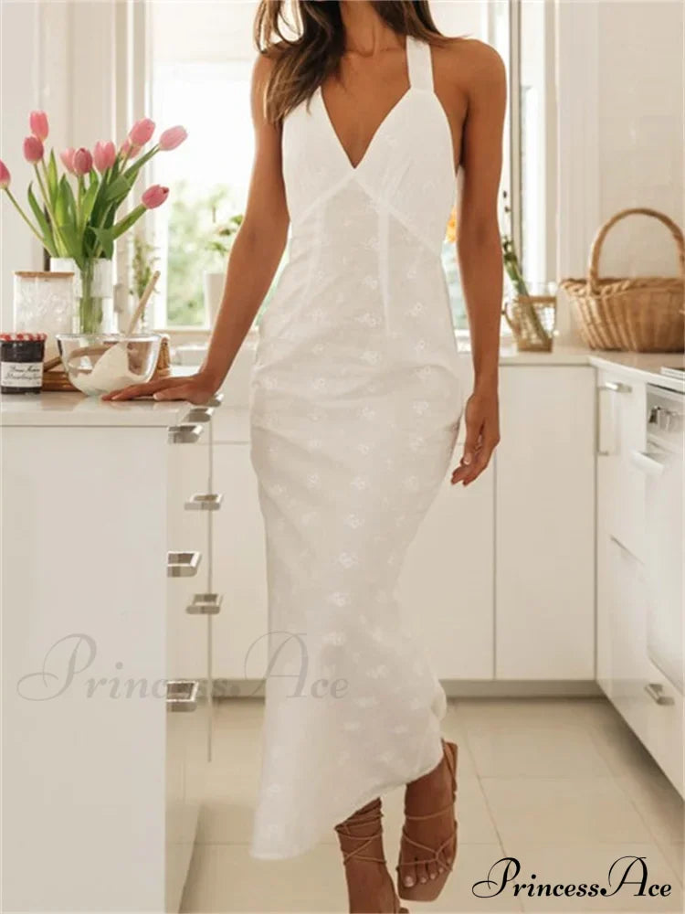 Sexy Women Summer Sleeveless V Neck Halter Off Shoulder Lace Embroidery Backless Female Vestido