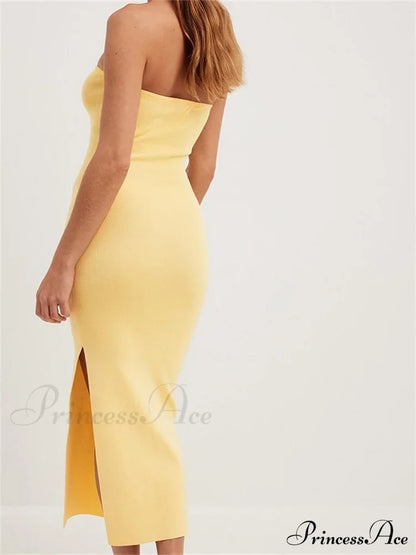 Sexy Women Tube Solid Strapless Off Shoulder Backless Summer Side Split Party Knitted Vestidos