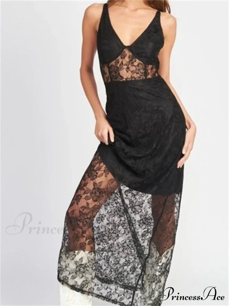 Sexy Women V Neck Sleeveless Lace Patchwork Flower Embroidery Slim Tank Summer Party Vestidos