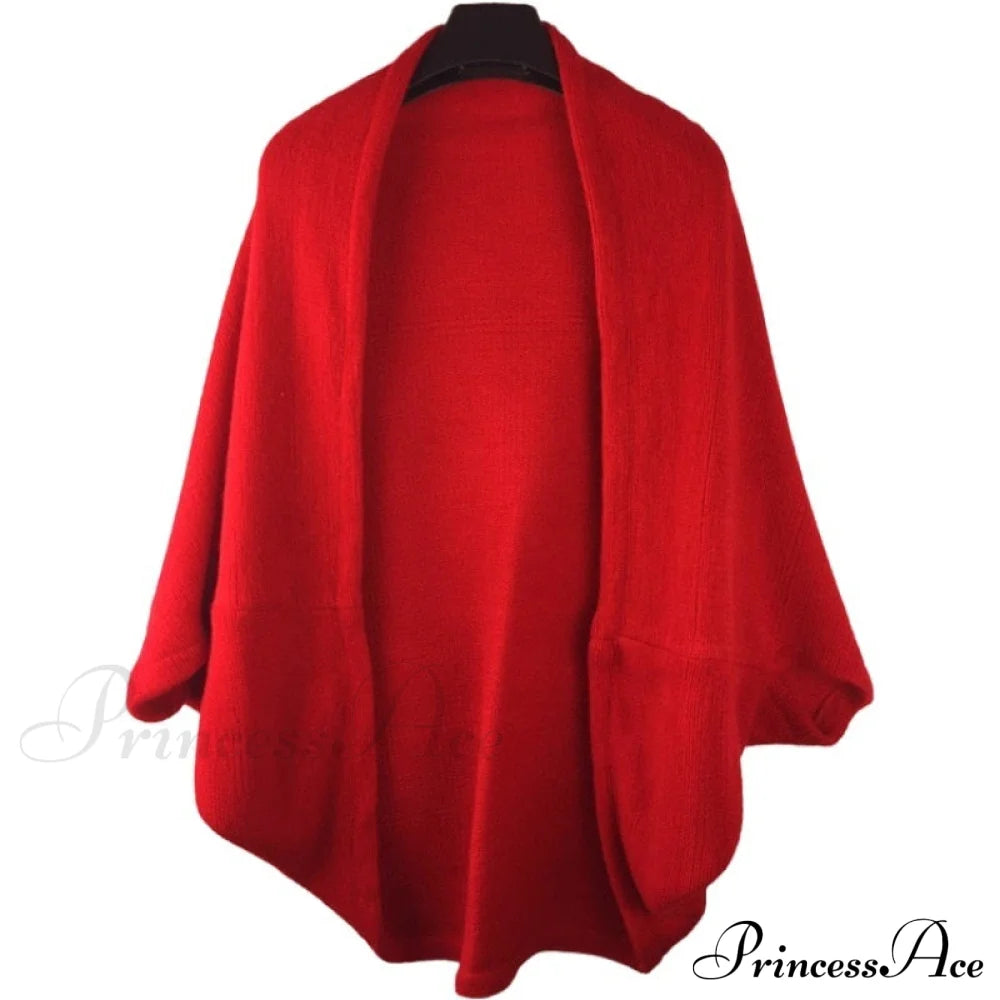 Shawl Bat Sleeve Loose Knitted Sweater Cardigans Red / One Size