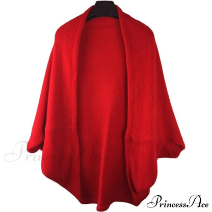 Shawl Bat Sleeve Loose Knitted Sweater Cardigans Red / One Size