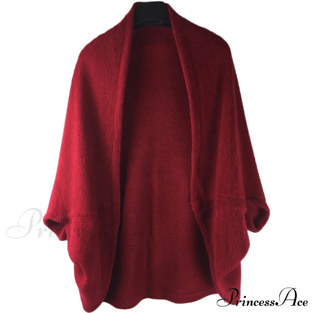 Shawl Bat Sleeve Loose Knitted Sweater Cardigans Wine Red / One Size