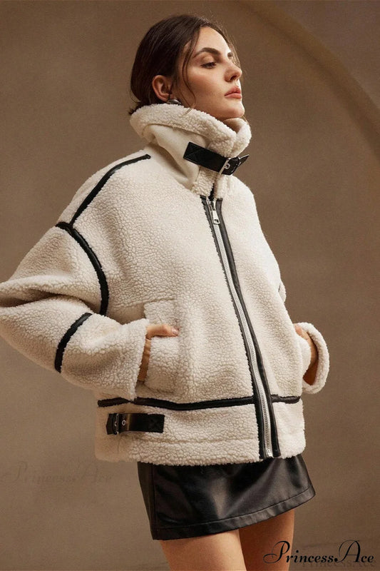 Shearling Biker Thick Fleece Coat Off-White / S