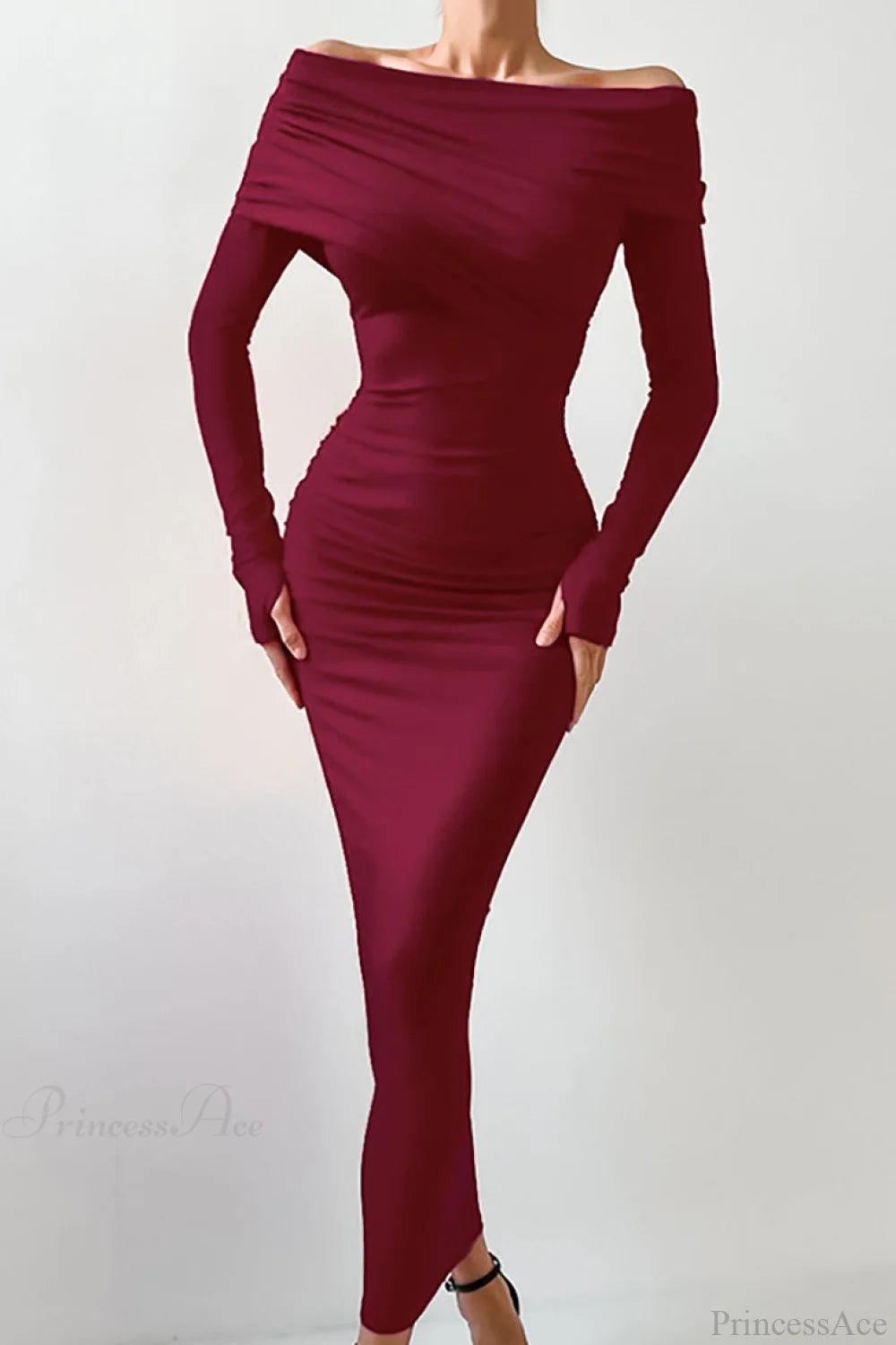 Sheath Off Shoulder Sleek Maxi Dress Burgundy / S