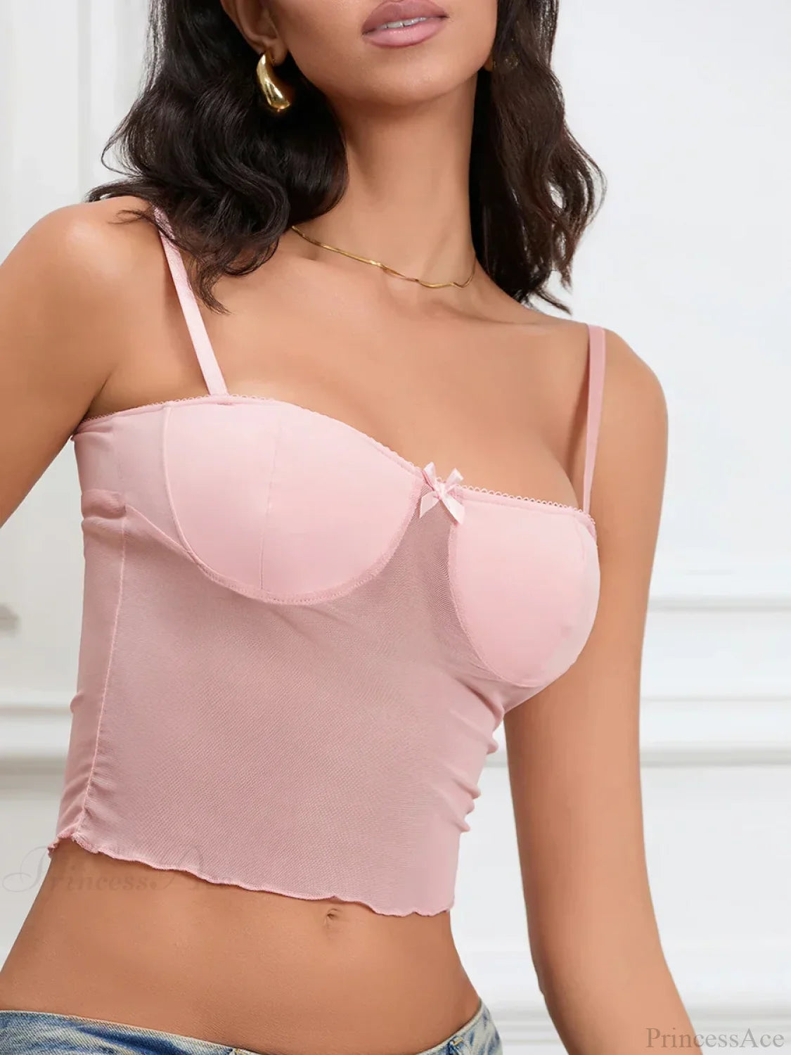 Sheer Camis Sweetheart Bow Spaghetti Strap Crop Top Pink / S croptop-250126
