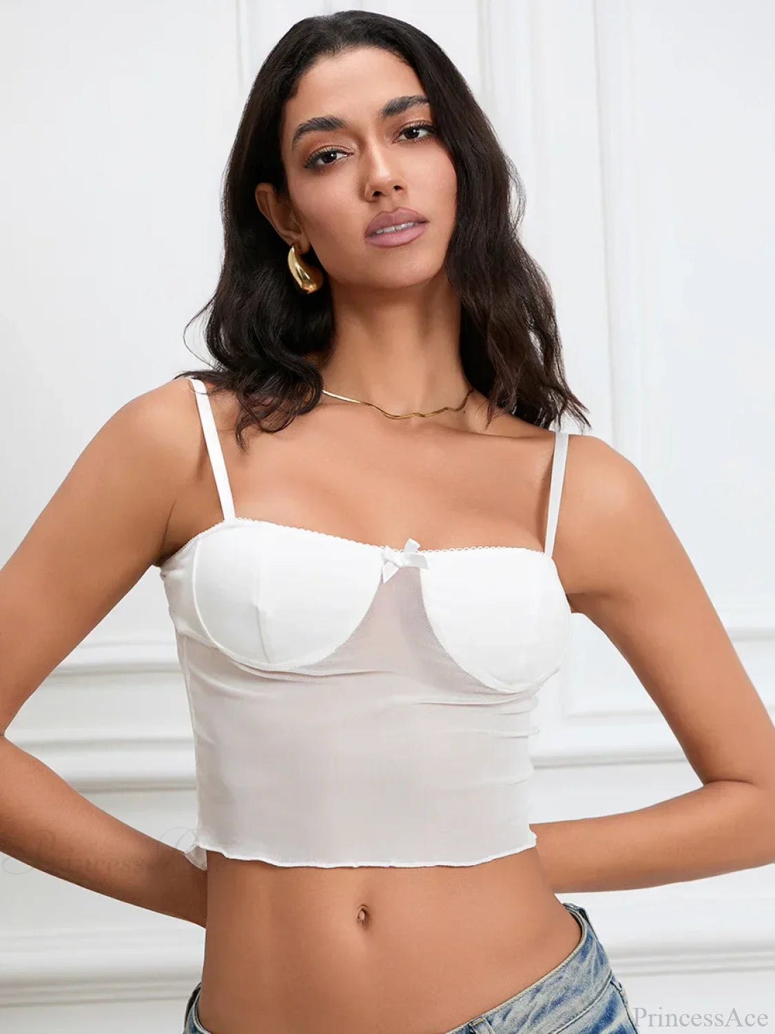 Sheer Camis Sweetheart Bow Spaghetti Strap Crop Top WHITE / S croptop-250126