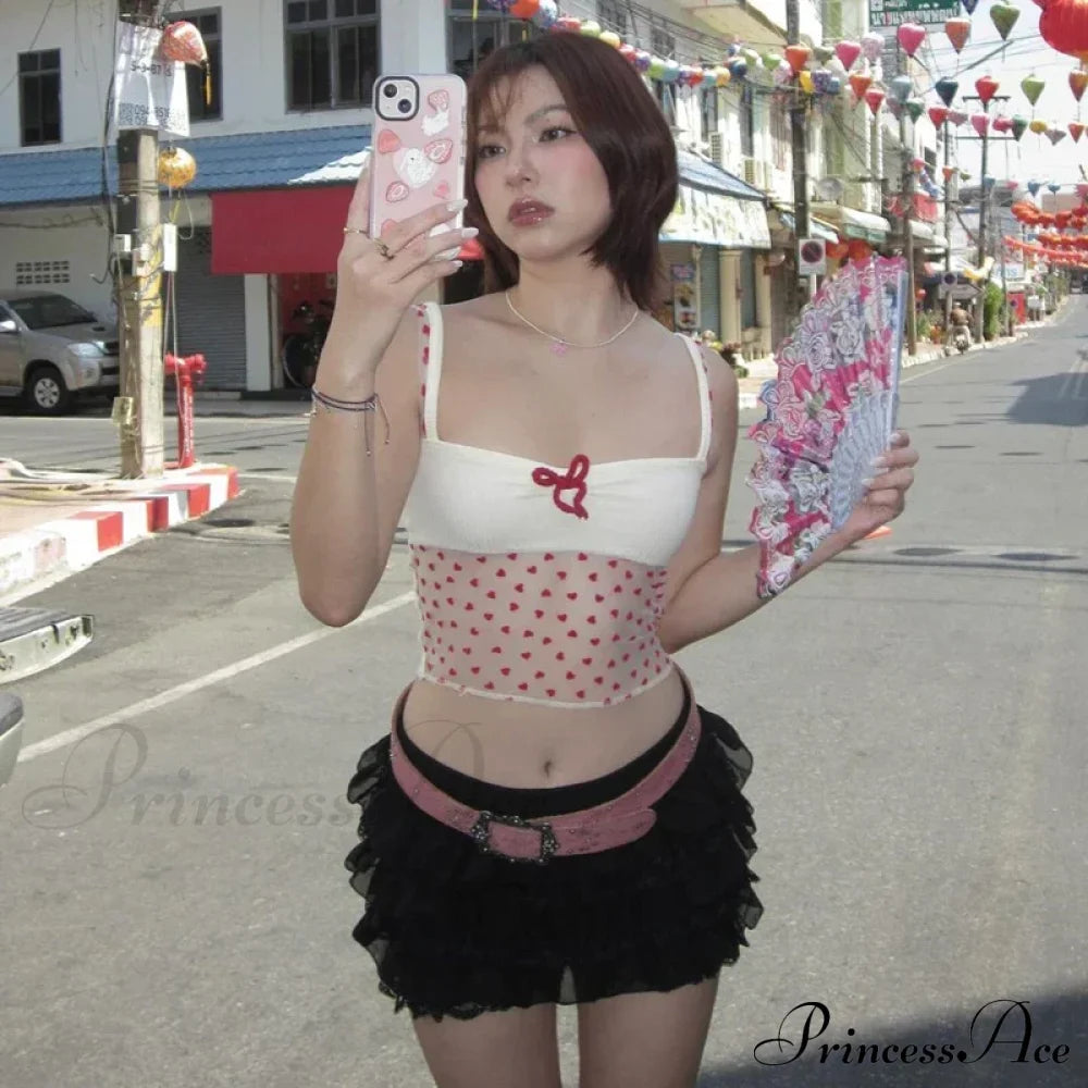 Sheer Knit Stylish Patchwork Bow Top Printed Tank