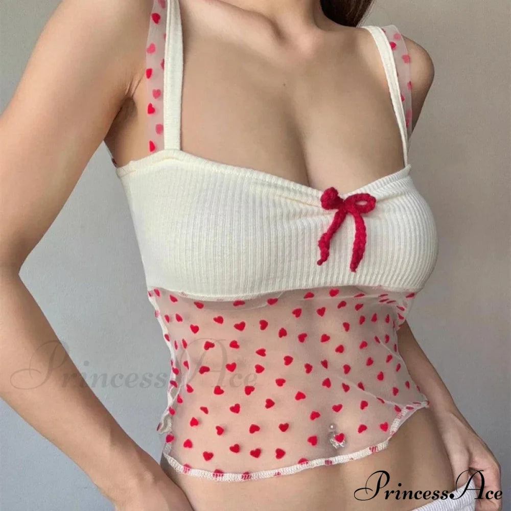 Sheer Knit Stylish Patchwork Bow Top Printed Tank