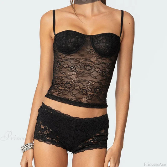 Sheer Lace Cupped Corset Hook Eye Back Crop Top See-Through Shorts Two Pieces Set twopiecesset-250126