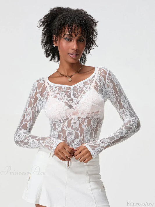Sheer Lace Long Sleeve V-neck Mesh Crop T-shirt croptop-250126