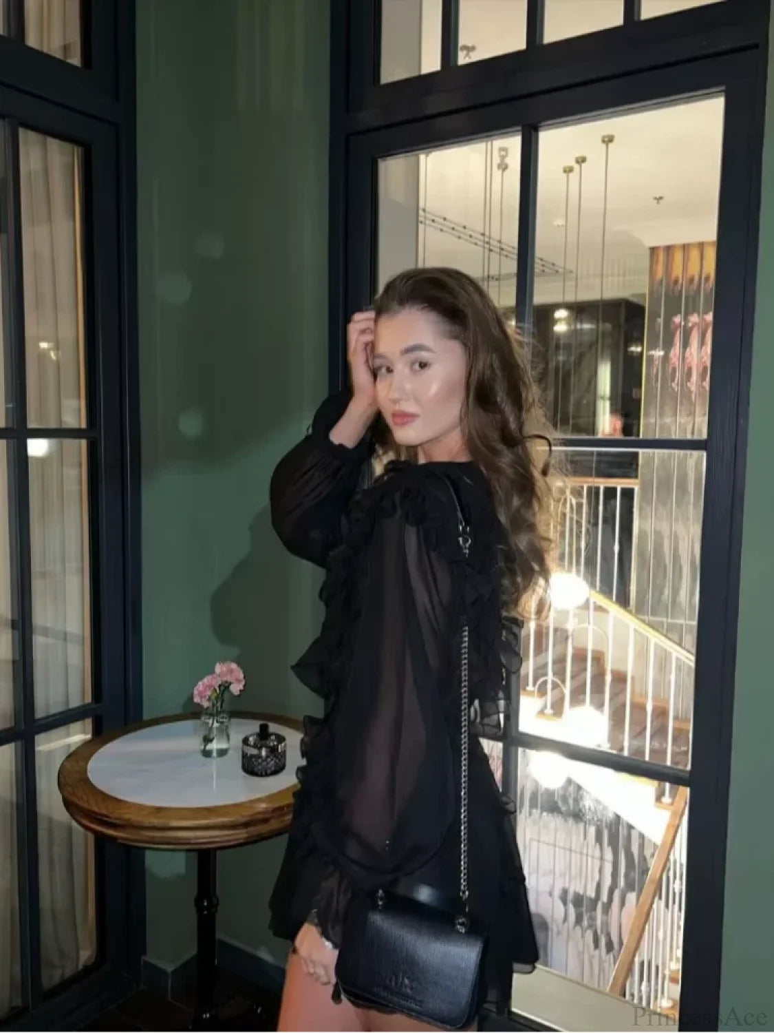 Sheer Lace Mesh Deep V Neck Blouse blouse-250223