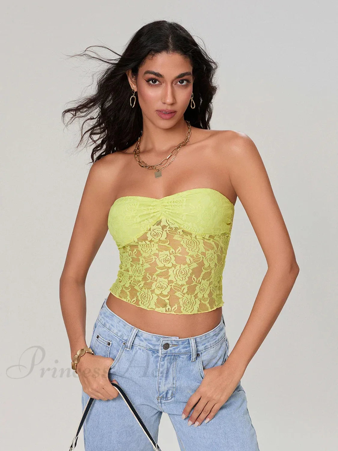 Sheer Lace Off-shoulder Strapless Low Cut Bandeau Top Green / S croptop-250126