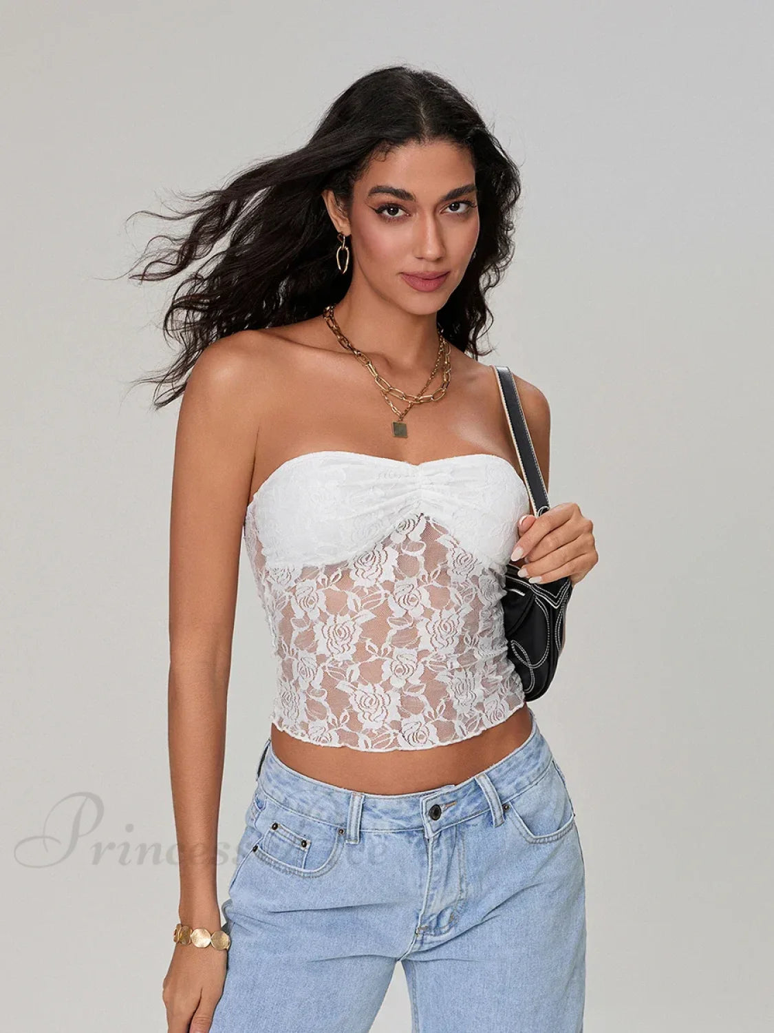 Sheer Lace Off-shoulder Strapless Low Cut Bandeau Top WHITE / S croptop-250126