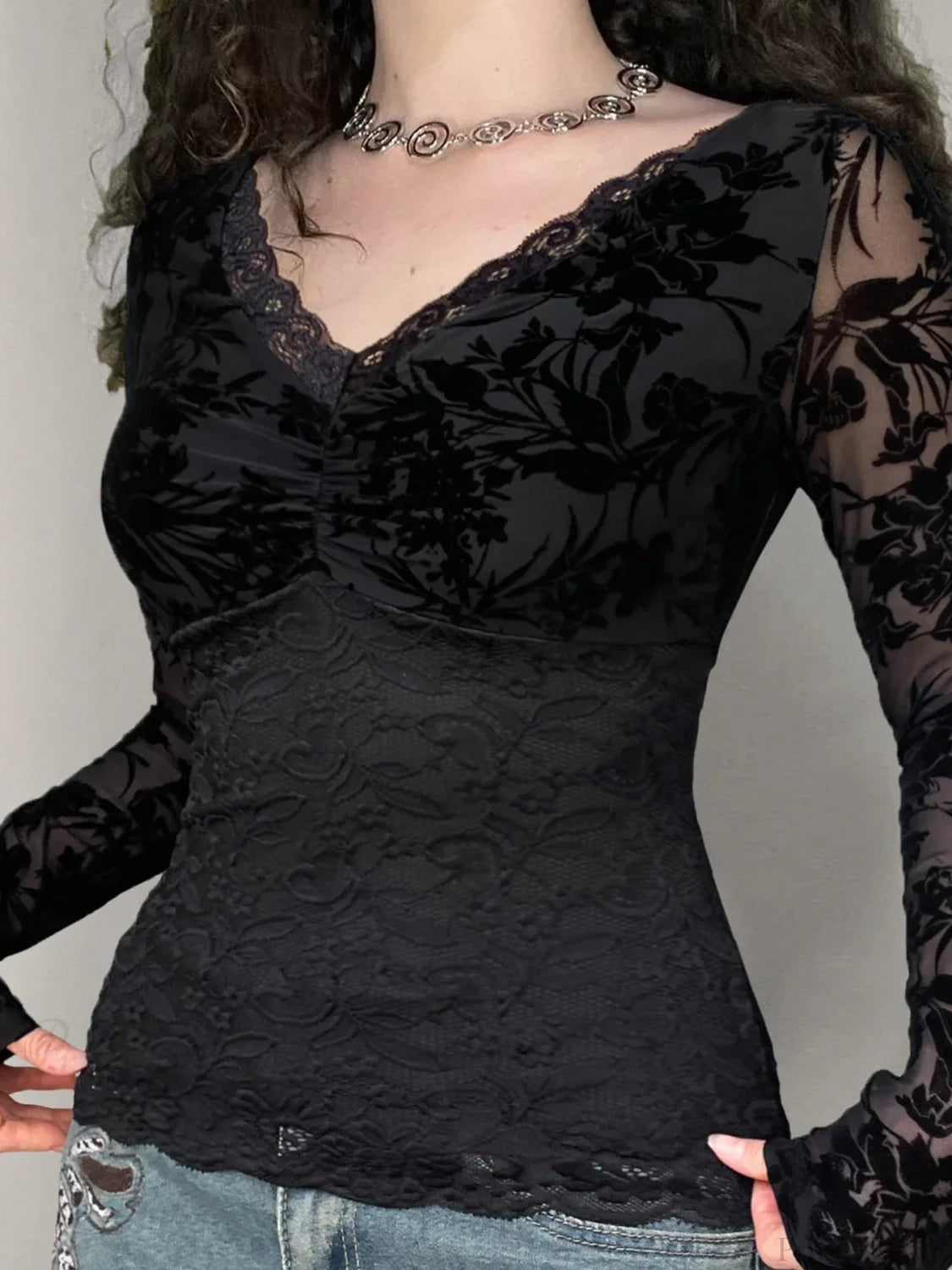 Sheer Lace V-neck Knit Top Black / S