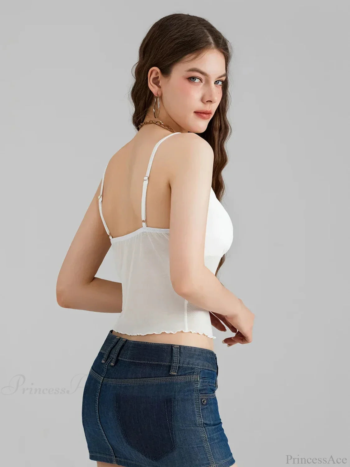 Sheer Mesh Backless Spaghetti Strap V-neck Crop Top croptop-250126