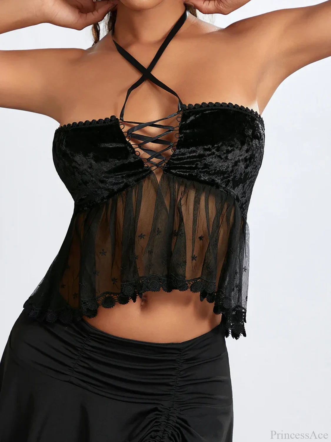 Sheer Mesh Halter Tie-up Strapless Backless Bandeau croptop-250126