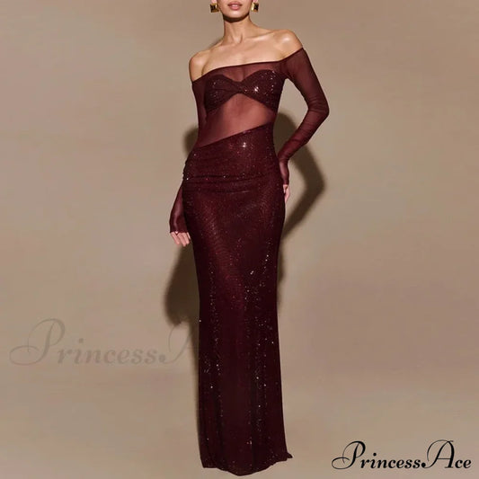 Sheer Mesh Sequin Banquet Party Dress Wine Red / S Partydress-241208